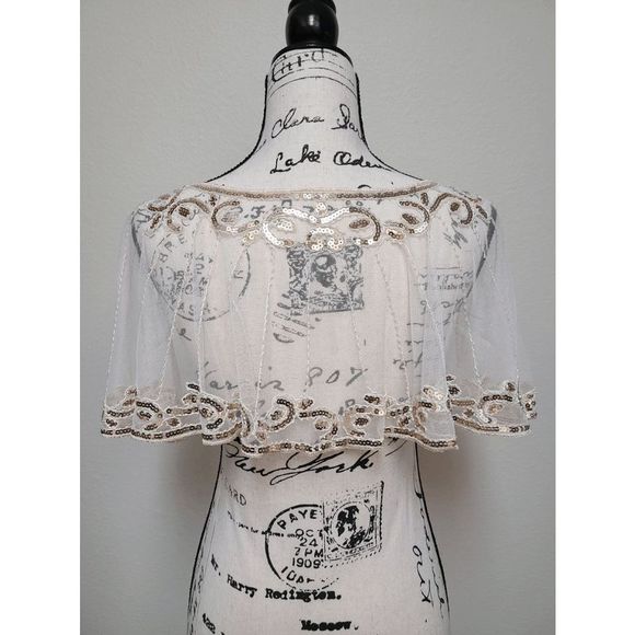 ✨ Sequin Mesh Evening Party Retro Flapper 1920s Shawl Wrap Cover Up Cape NEW - Picture 3 of 12